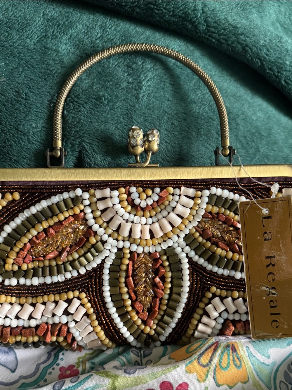 La Regale Beaded Evening Clutch in Brown, Cream & Copper Accents